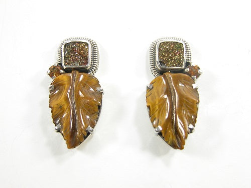 22398 Carved Tiger's Eye Leaf Drusy Citrine Sterling Silver Earring