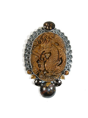 22399 Hand Carved Tiger's Eye Dragon Citrine Quartz Sterling Silver Pin and Pendant