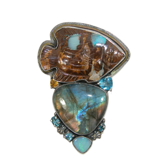 Boulder Opal, Labradorite, Blue Topaz, Citrine Carved Fish Sterling Silver Pin and Pendant
