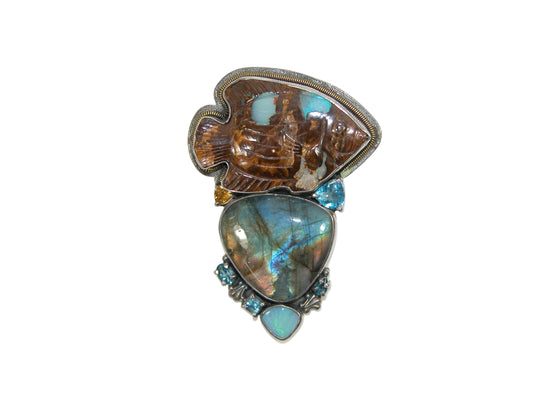 22404 Boulder Opal Hand Carved Fish, Labradorite, Blue Topaz, Sterling Silver Pin and Pendant