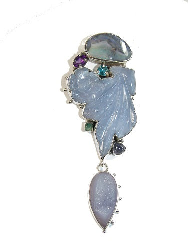 Boulder Opal Amethyst Apatite Drusy Agate Chalcedony Iolite Sterling Silver Carved Pin Pendant