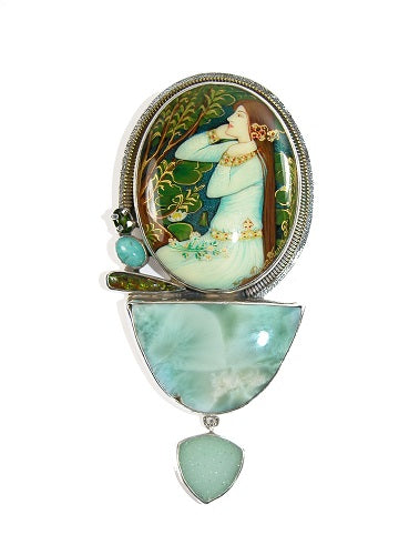 Hand Painted Miniature Lady Larimar Ammolite Sterling Silver Pin Pendant