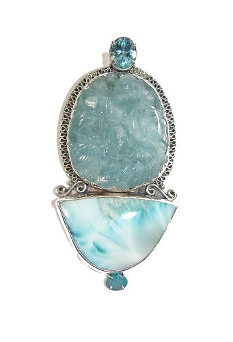 Carved Aquamarine Opal Larimar Sterling Silver Pin Pendant