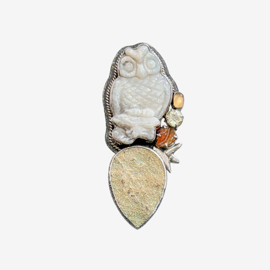 22438 Hand-Carved Opal Owl, Druzy Pin / Pendant