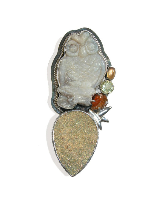 22438 Hand Carved Owl on Opal with Drusy on Sterling Silver Pin Pendant
