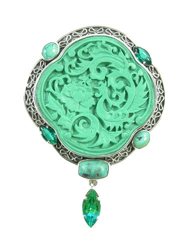 Carved Green Cinnabar Turquoise Sterling Silver Pin Pendant