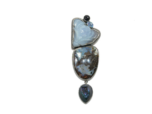 22455 Boulder Opal, Hand Carved Chalcedony, Amethyst, Titanium Clad Drusy, Sterling Silver Pin and Pendant