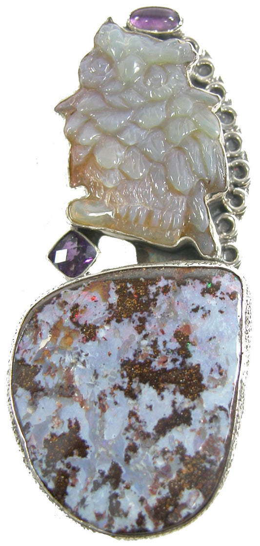 22456 Carved Opal Owl Amethyst Sterling Silver Pin and Pendant