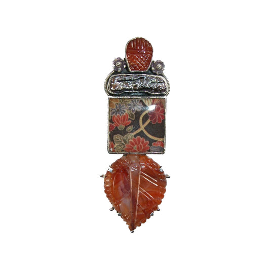 22462 Hand Painted Miniature Black Onyx Carnelian Freshwater Pearl Sterling Silver Pin Pendant