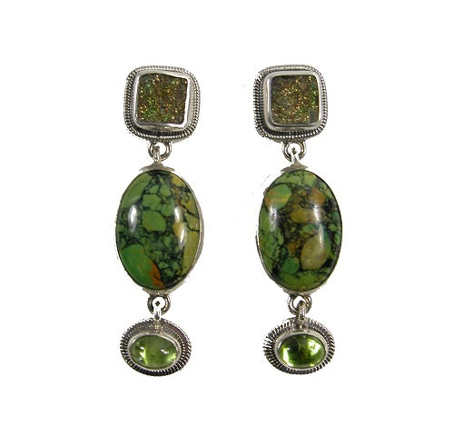 22464 Rainbow Pyrite Drusy Turquoise Peridot Sterling Silver Earring