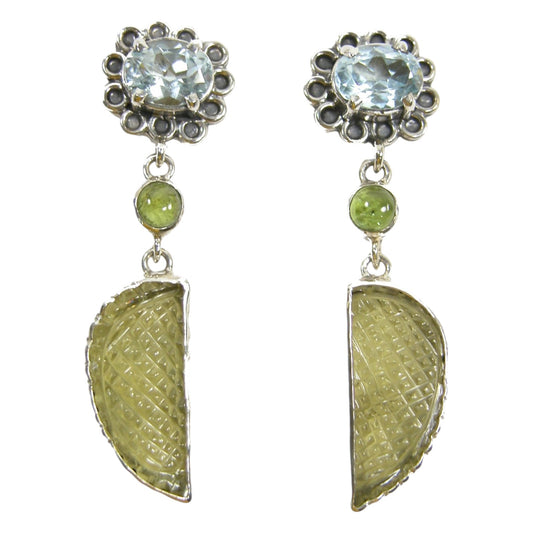 22468 Blue Topaz, Lemon Quartz Sliced Sterling Silver Earrings