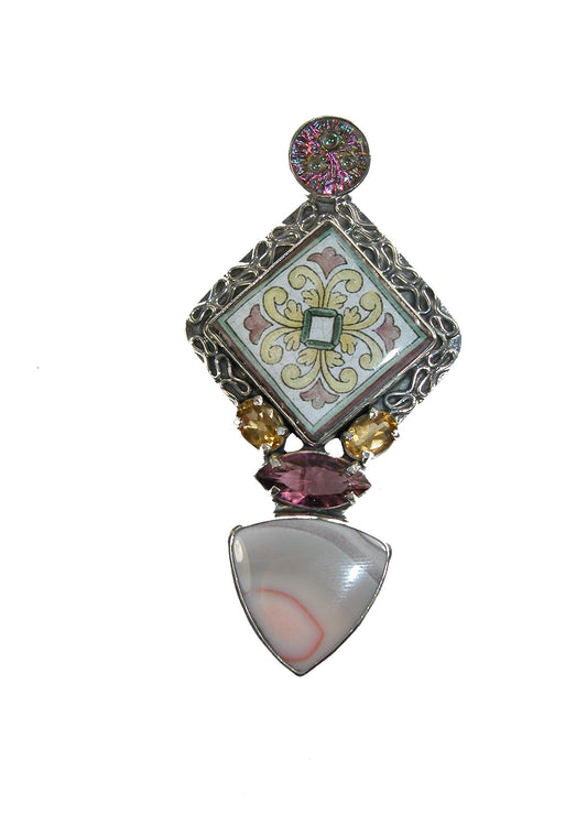 22481 Vintage Glass, Hand Painted Russian Miniature, Sterling Silver Pin and Pendant