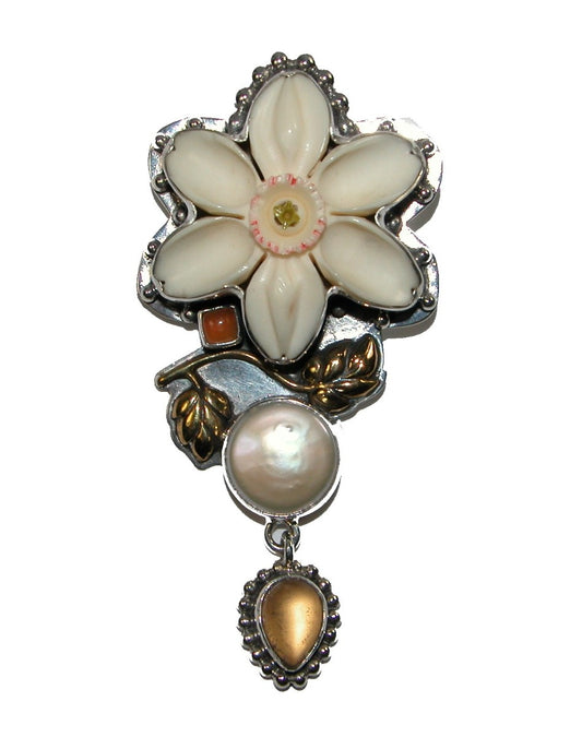 Hand Carved Flower on Bone with Freshwater Pearl Sterling Silver Pin Pendant