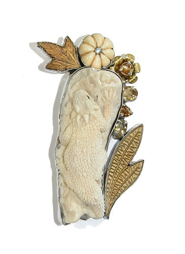 Hand Carved Lizard Citrine Sterling Silver Pin Pendant