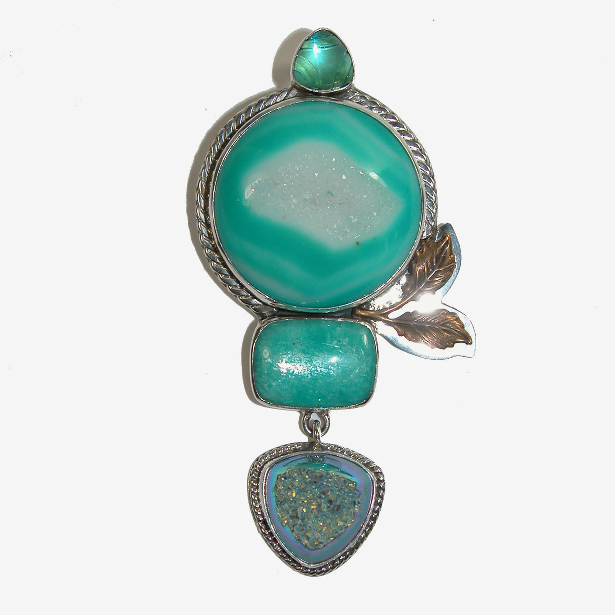 22491 Amazonite,Titanium Clad Druzy Agate, Quartz, Sterling Silver Pin / Pendant