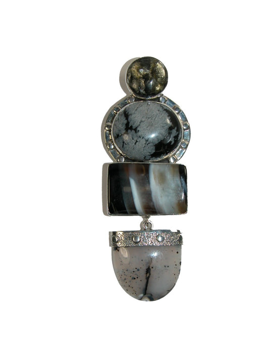 Agate Dendritic Agate and Hypersthene Pin Pendant