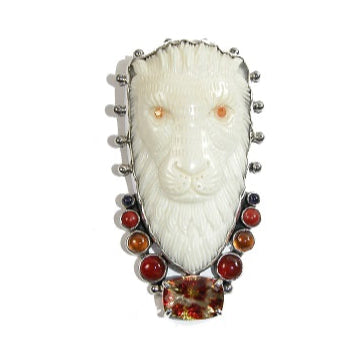 22493 Hand Carved Lion Garnet Hessonite Sterling Silver Pin and Pendant