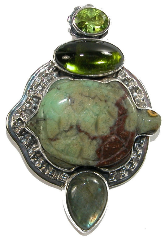 Carved Chrysoprase Turtle Labradorite Peridot Sterling Silver Pin and Pendant