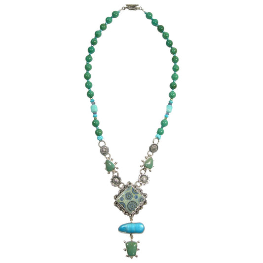Hand Made Tile, Freshwater Pearl, Turquoise Beaded Sterling Silver Necklace