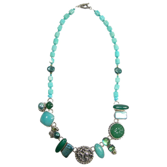 Amazonite, Peridot, Freshwater Pearl, Green Onyx, Quartz Beaded Sterling Silver Necklace