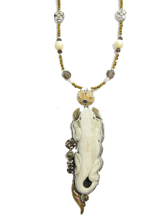 22518 Carved Antler Lizard Chalclopyrite Bone Smokey Quartz Sterling Silver Necklace