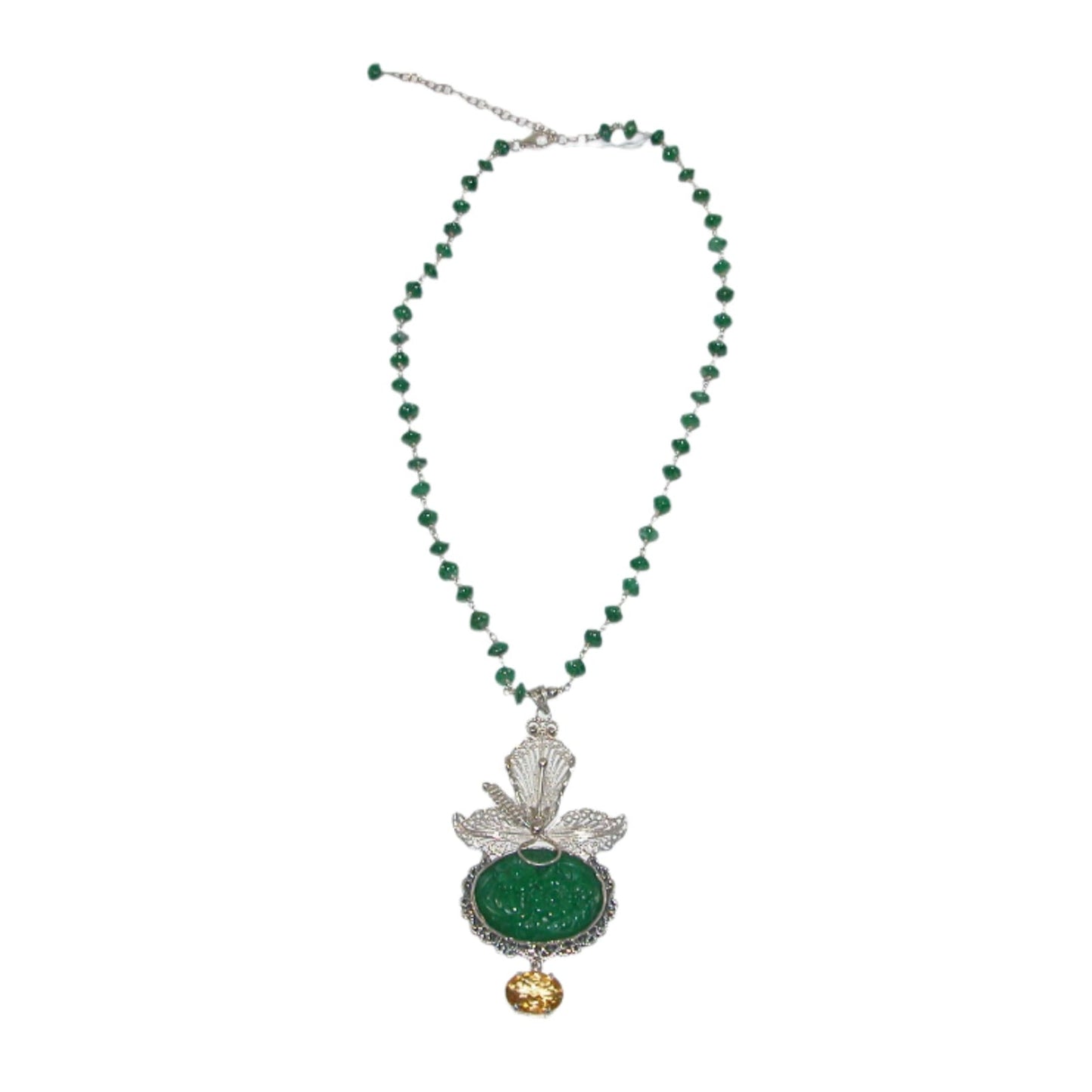 22527 Green Onyx, Green Agate, Citrine Sterling Silver Beaded Necklace