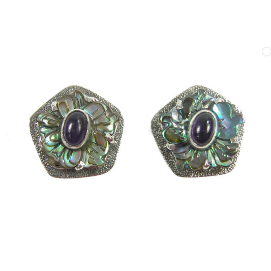 22585 Abalone and Amethyst Flower Sterling Silver Stud Earrings
