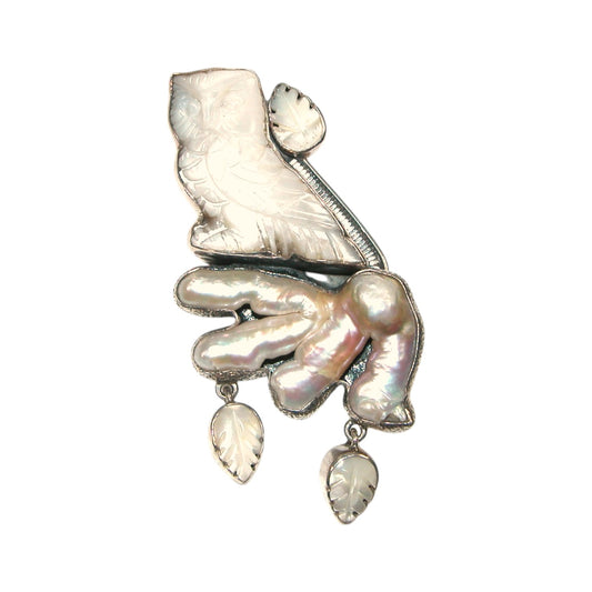 Carved Owl Freshwater Pearl Sterling Silver Pin and Pendant