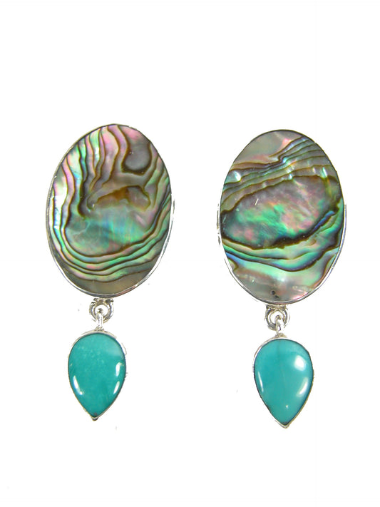 Abalone Oval with Turquoise Dangle Sterling Silver Earrings