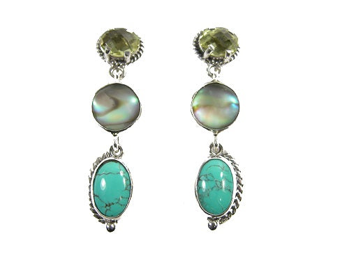 22596 Lemon Citrine, Abalone, Turquoise, Sterling Silver Earrings