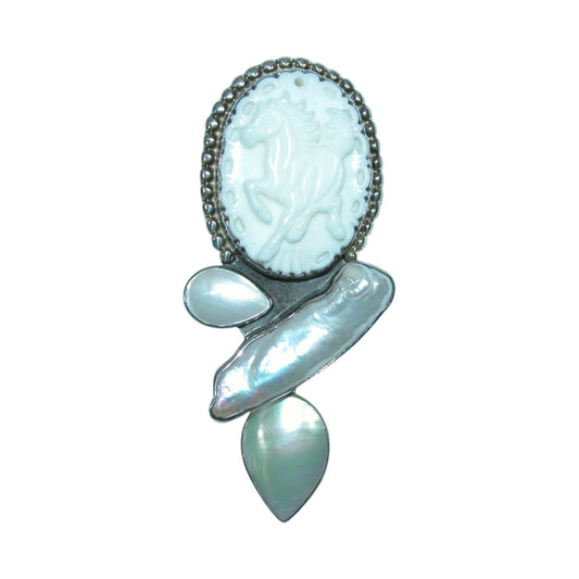 22609 Carved Horse Freshwater Pearl, Mable Pearl Sterling Silver Pin Pendant