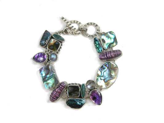 Abalone Freshwater Pearl Apatite Sterling Silver Toggle Bracelet