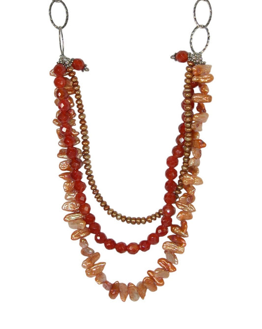 22614A Three Stand Fresh Water Pearl and Carnelian Necklace