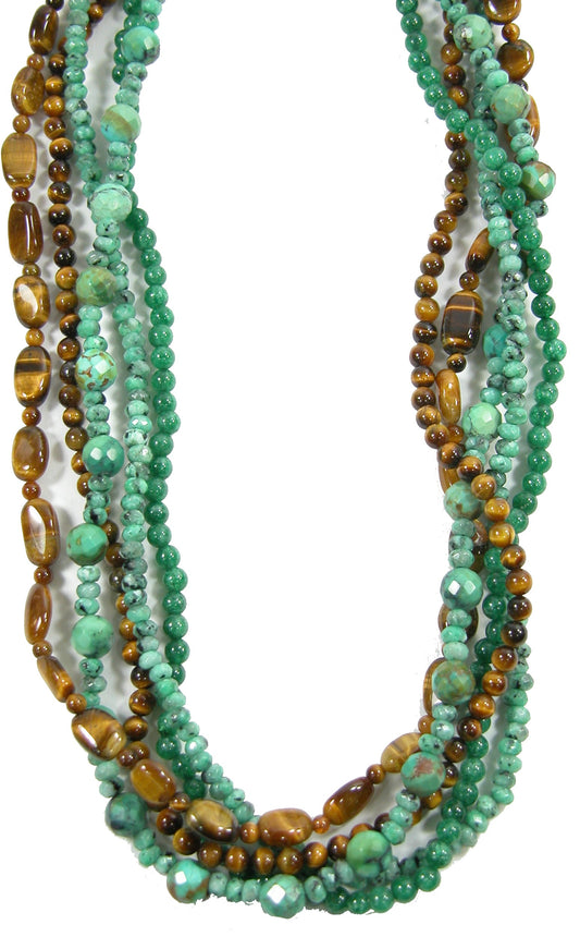 N22618 Turquoise Tiger Eye 5 Strand Necklace