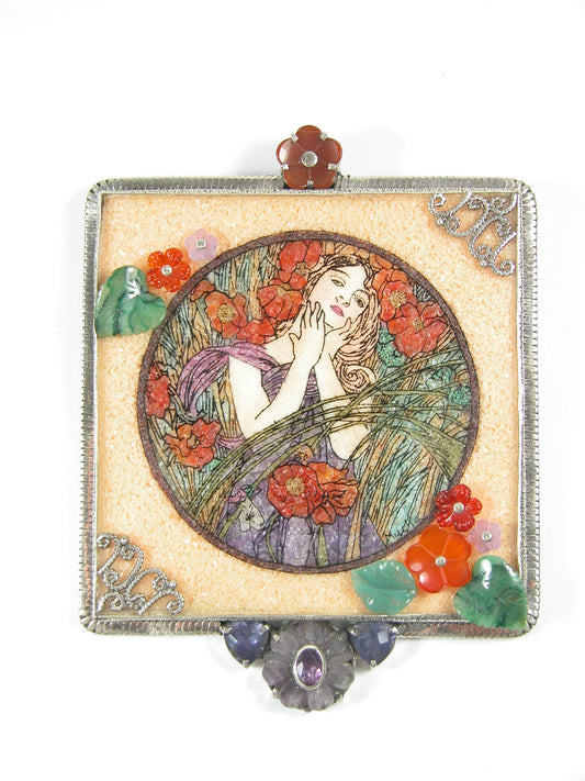 Hand Made Semi-Precious Mucha Mosaic Amethyst Sterling Silver Pin Pendant