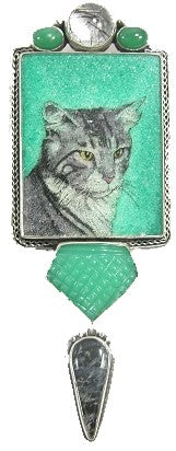 Gemstone Cat Mosaic Chrysoprase Sterling Silver Pin Pendant