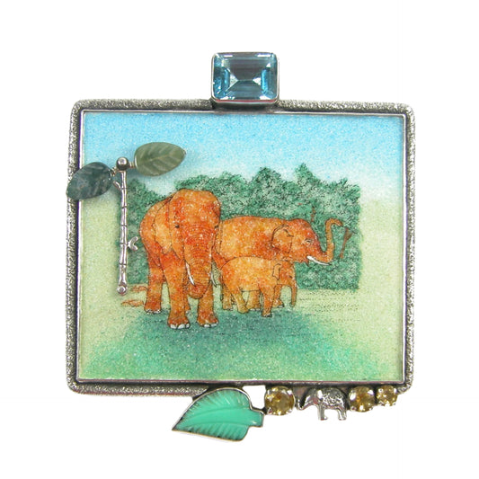 Semi-Precious Hand Made Elephant Mosaic Citrine Chrysoprase Sterling Silver Pin Pendant