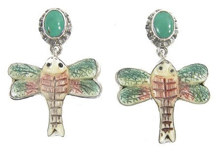 Carved Dragonfly Turquoise Sterling Silver Earrings