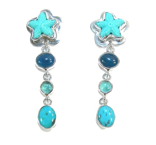 Turquoise, Apatite and Blue Onyx Starfish Dangle Sterling Silver Earrings