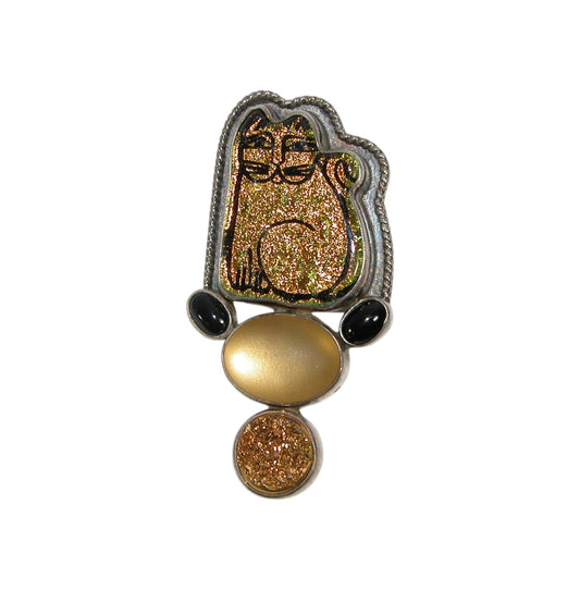 2266A Dichroic Glass, Gold Clad Drusy, Gold Under Quartz, Black Onyx Sterling Silver Pin Pendant