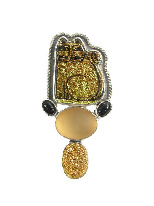 22662 Dichroic Glass, Gold Clad Drusy, Gold Under Quartz, Black Onyx Sterling Silver Pin Pendant