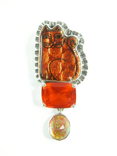 22669 Dichroic Glass Cat Faceted Orange Quartz Opal under Quartz Sterling Silver Pin Pendant