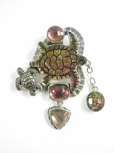 22672 Dichroic Glass Turtle Faceted Quartz Sterling Silver Pin Pendant