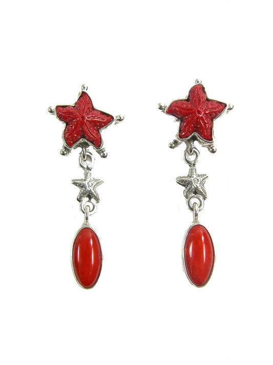 22676 Carved Starfish, Bamboo Coral, Sterling Silver Earrings