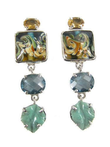 22677 Hand Made Glass Citrine, Lapis, Sterling Silver Earrings