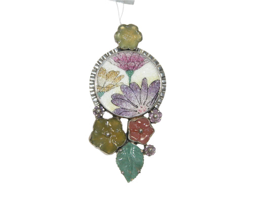 22681 Floral Mosaic with Ruby, Amethyst, Jade, Opal, Yellow Onyx and Aventurine Sterling Silver Pin Pendant