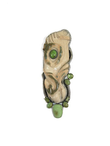 Carved Fossilized Mammoth Ivory Turquoise Sterling Silver Pin Pendant