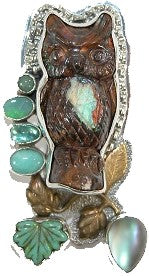 Carved Boulder Opal Owl Abalone Apatite Amazonite Opal Sterling Silver Pin and Pendant