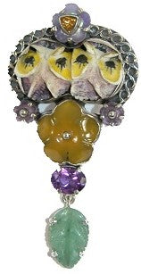 Antique Carved Ivory Amethyst Citrine Jade Yellow Onyx Sterling Silver Pin Pendant