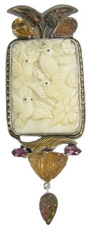 22707 Carved Birds Citrine Natural Rainbow Pyrite Drusy Sterling Silver Pin and Pendant